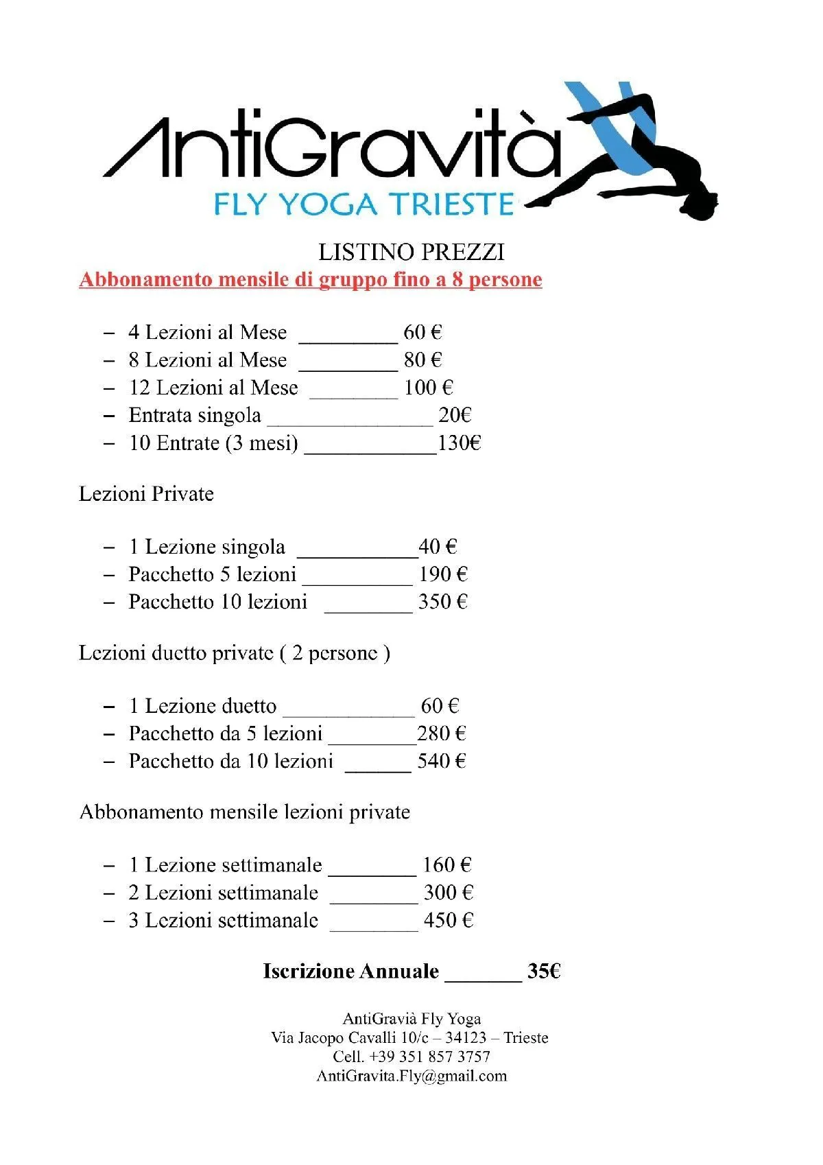 Listino Prezzi AntiGravità Fly Yoga Trieste: Lezione singola, abbonamenti mensili e trimestrali, massaggi olistici e decontratturanti