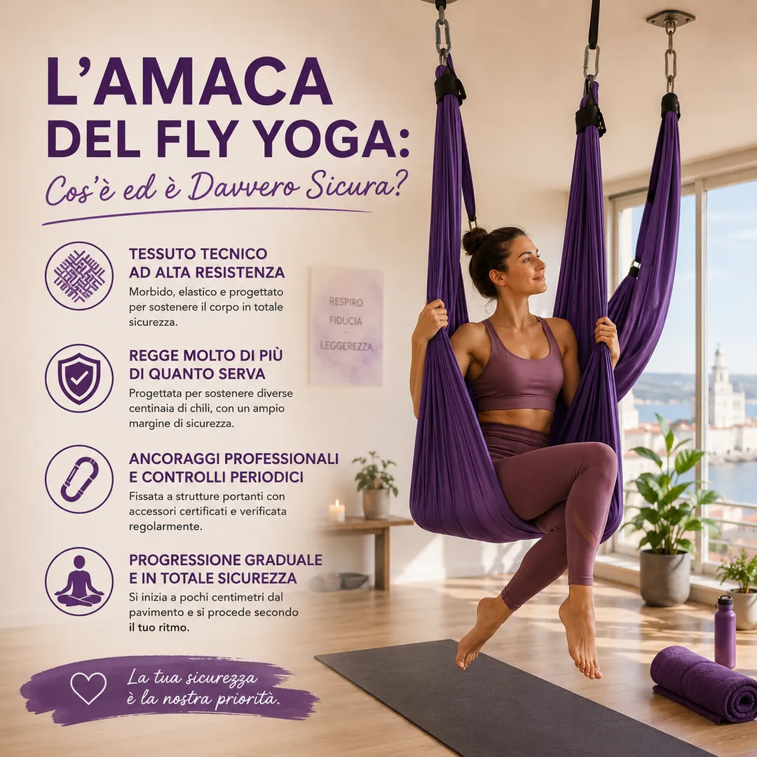 Amaca per Fly Yoga fissata al soffitto nello studio di Trieste
